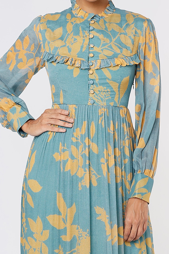 Blue & Mustard Georgette Frilled Maxi Vacation Dress by Koai at Pernia's Pop Up Shop