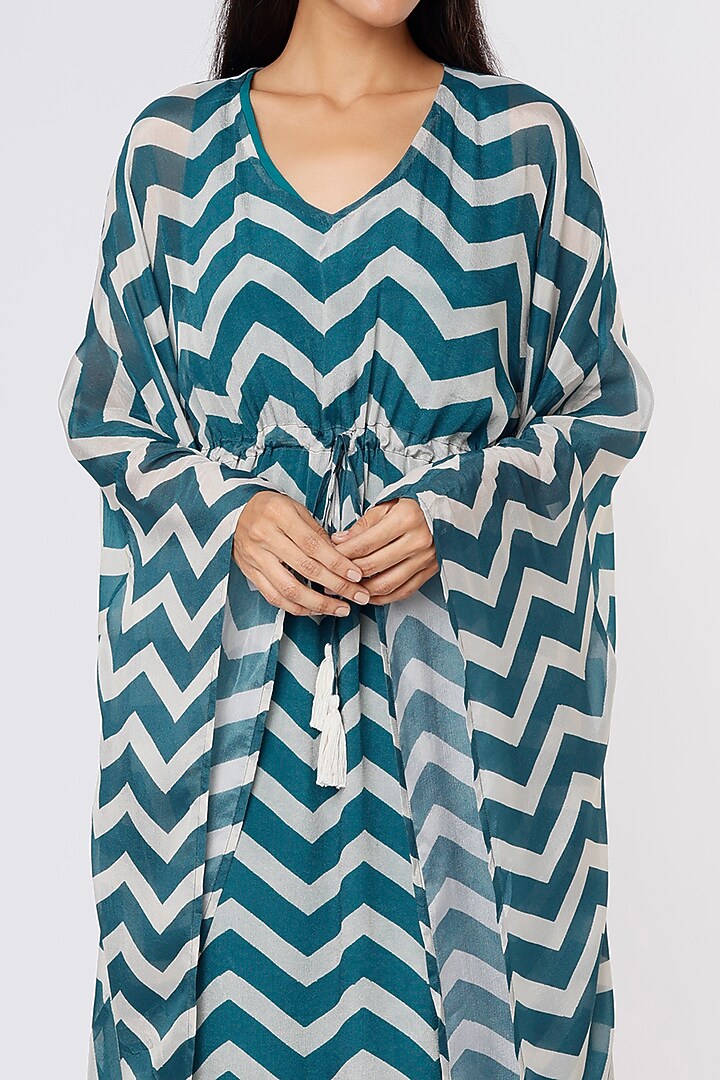 Teal & Cream Printed Kaftan by Koai at Pernia's Pop Up Shop