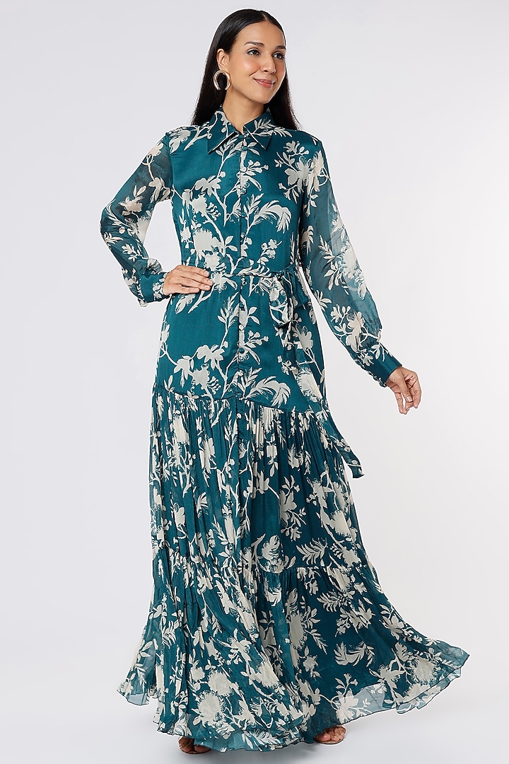 Teal & Cream Printed Vacation Dress by Koai at Pernia's Pop Up Shop