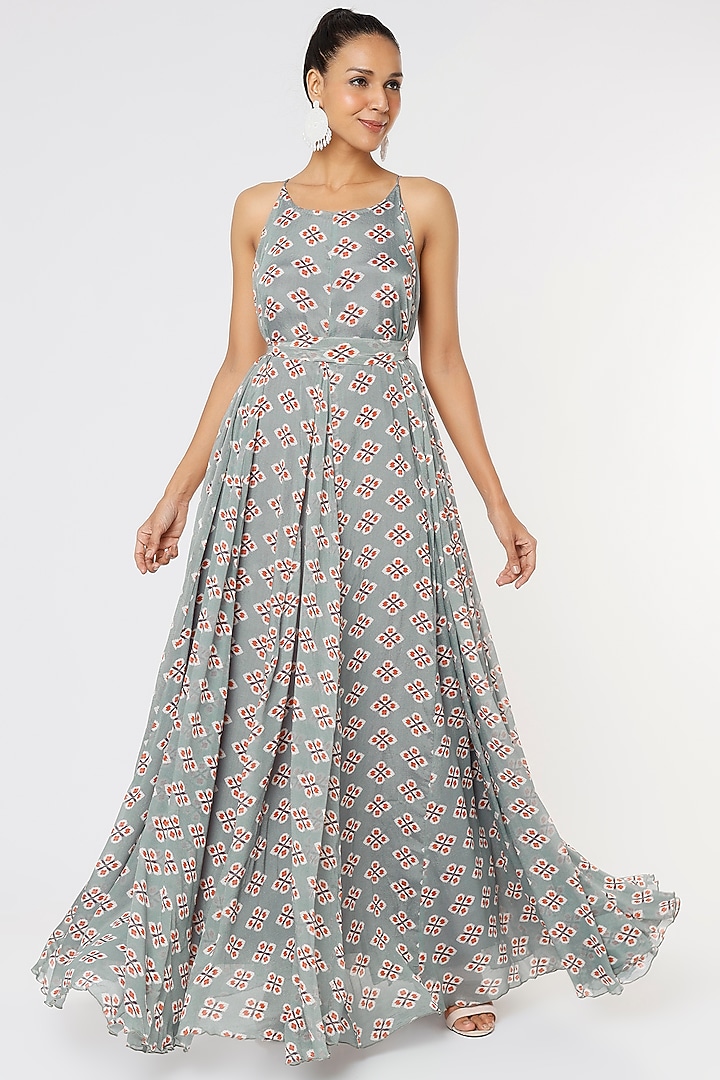 Blue & Grey Printed Maxi Vacation Dress by Koai at Pernia's Pop Up Shop