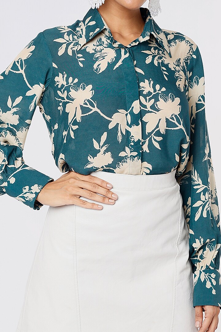 Teal & Cream Printed Shirt by Koai at Pernia's Pop Up Shop