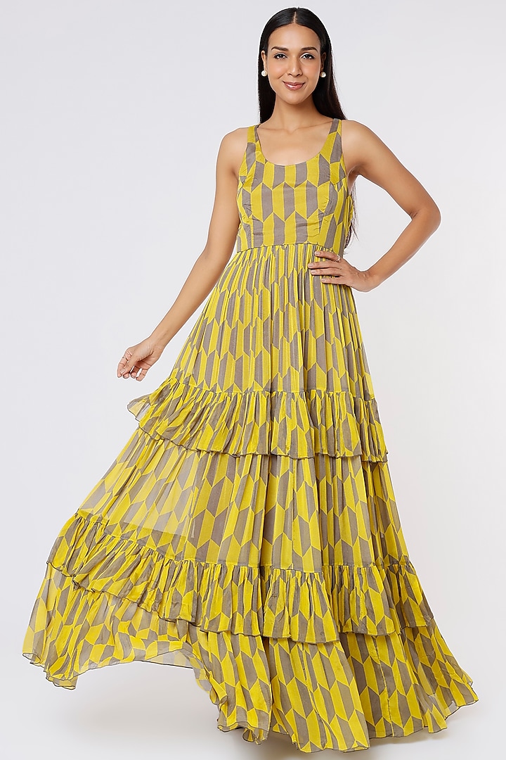 Mustard & Grey Printed Maxi Dress by Koai