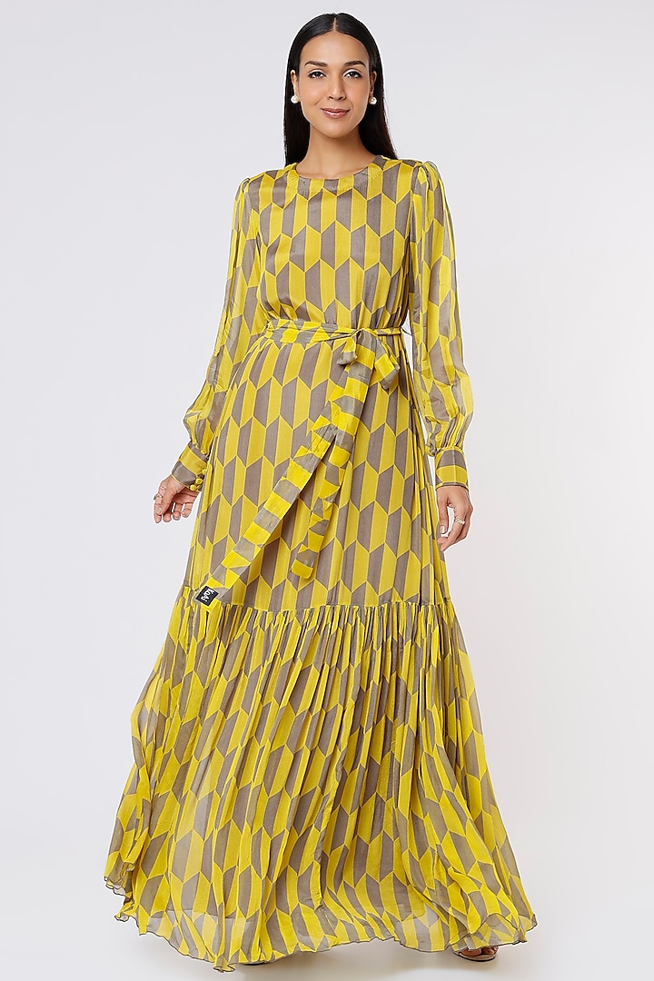 Mustard & Grey Printed Maxi Dress With Belt by Koai