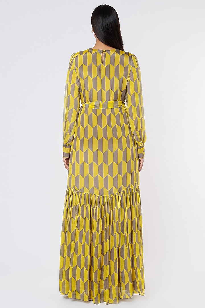 Mustard & Grey Printed Maxi Vacation Dress With Belt by Koai at Pernia's Pop Up Shop