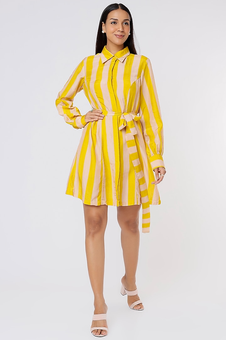 Peach & Mustard Printed Dress With Belt by Koai