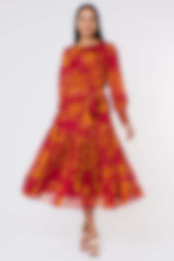 Dark Pink & Mustard Printed Dress With Belt by Koai