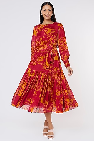 Dark Pink & Mustard Printed Dress With Belt by Koai