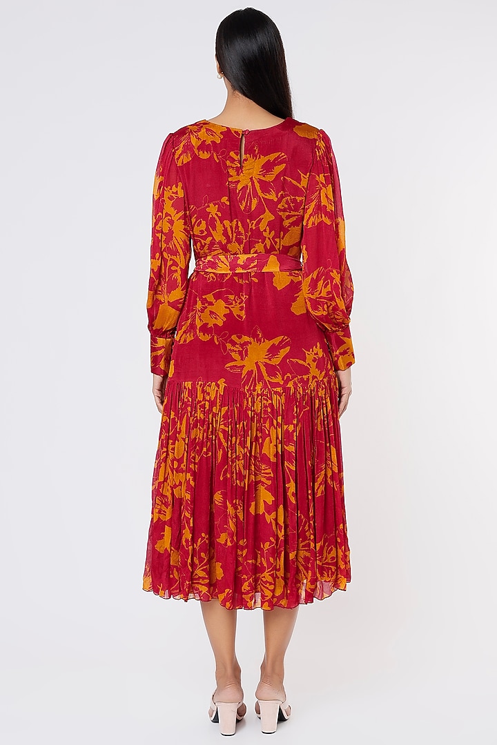 Dark Pink & Mustard Printed Vacation Dress With Belt by Koai at Pernia's Pop Up Shop