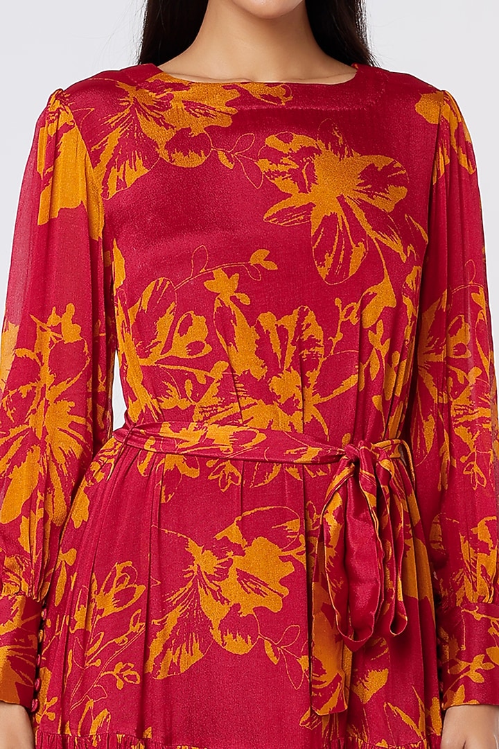 Dark Pink & Mustard Printed Vacation Dress With Belt by Koai at Pernia's Pop Up Shop