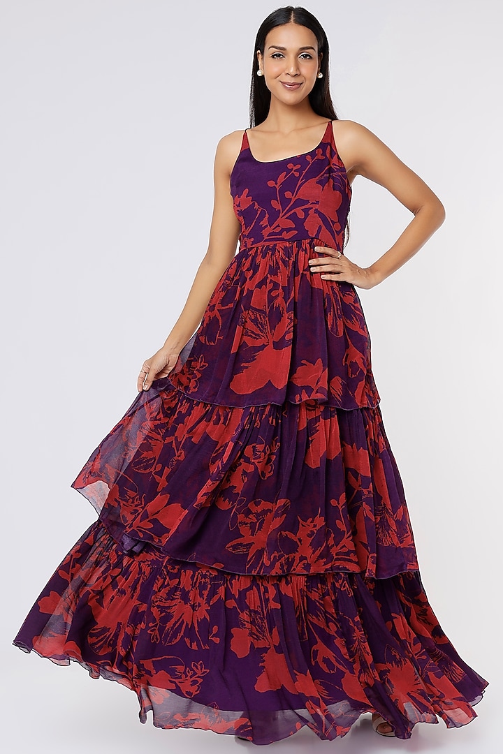 Purple & Red Floral Printed Dress by Koai
