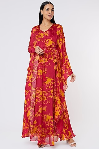 Dark Pink & Mustard Printed Kaftan by Koai