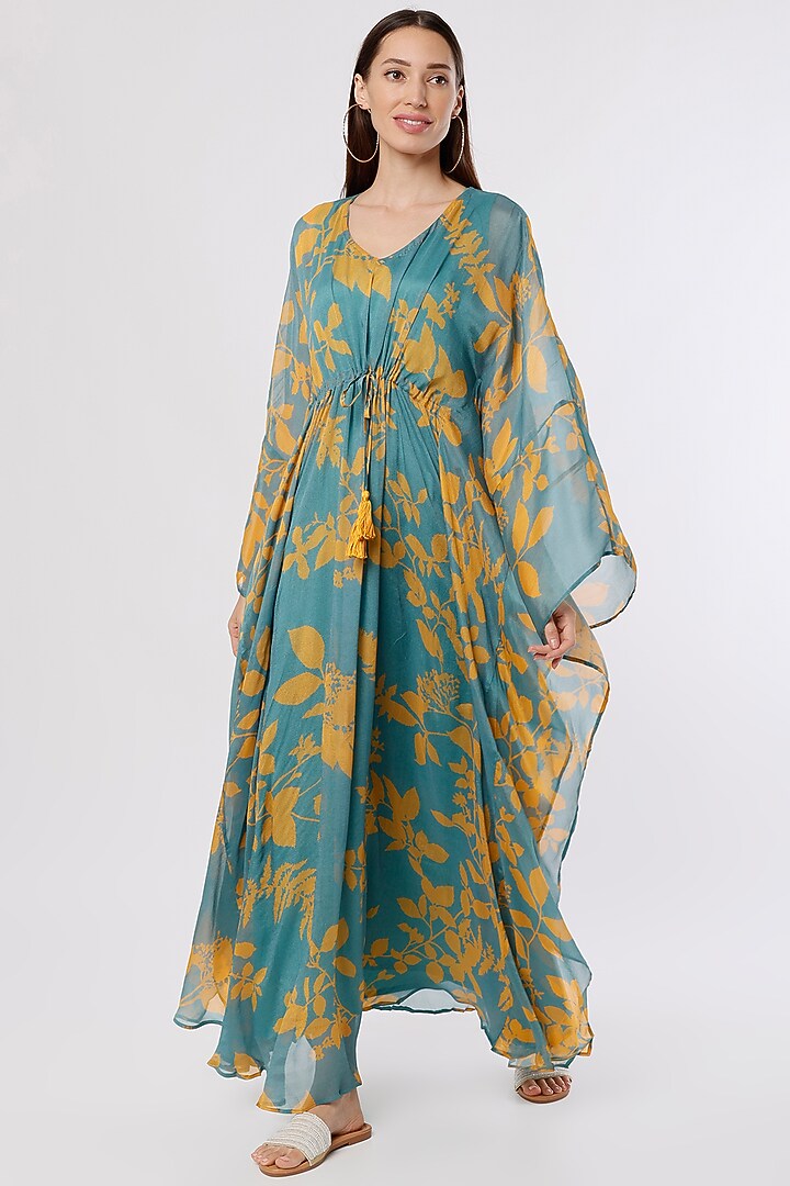 Blue & Mustard Printed Kaftan by Koai at Pernia's Pop Up Shop