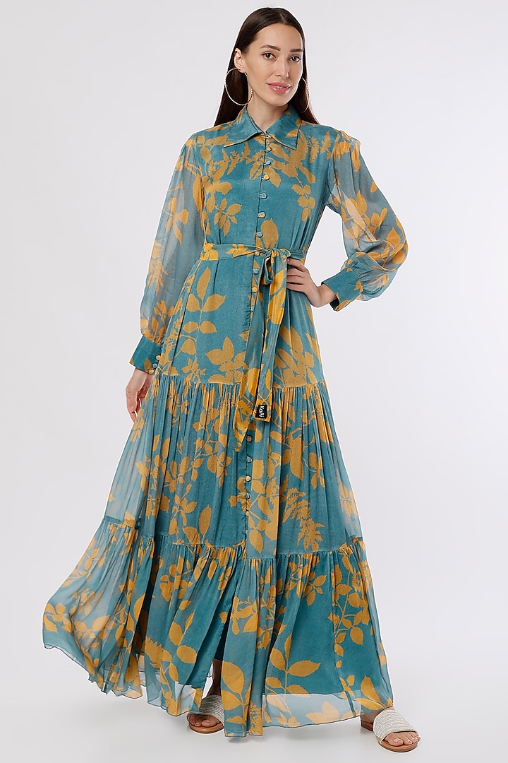 Blue & Mustard Printed Shirt Dress by Koai