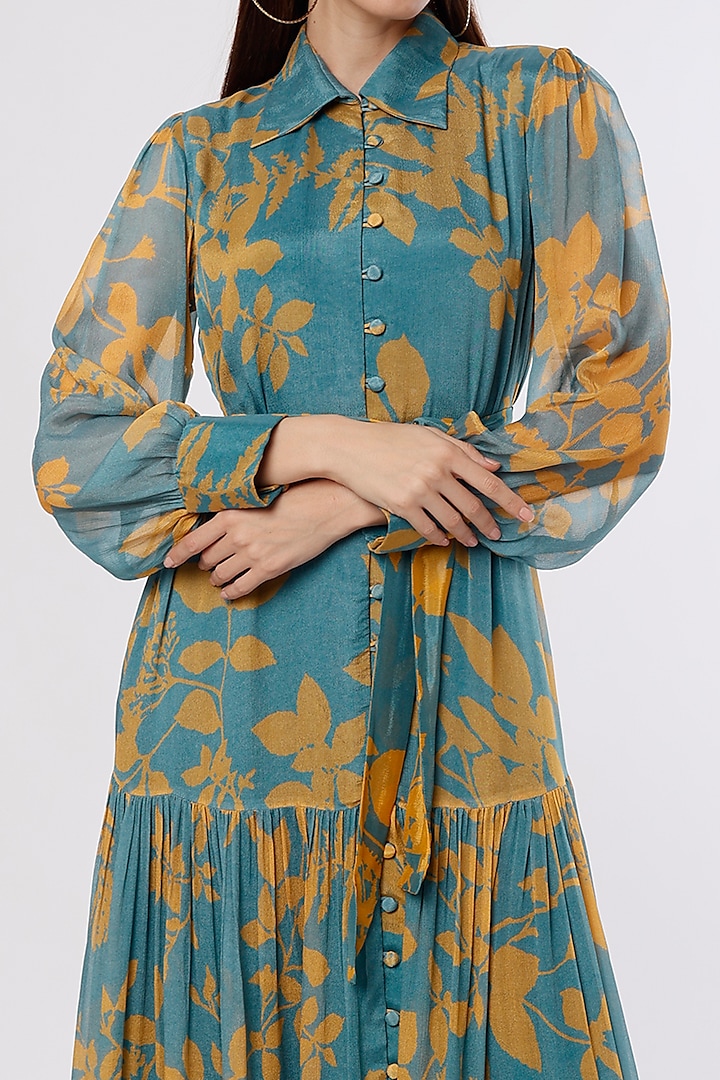 Blue & Mustard Printed Vacation Shirt Dress by Koai at Pernia's Pop Up Shop