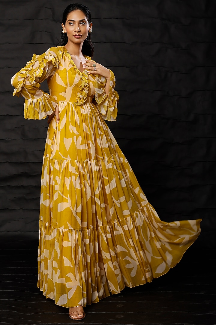 Mustard & Peach Floral Printed Maxi Vacation Dress by Koai at Pernia's Pop Up Shop