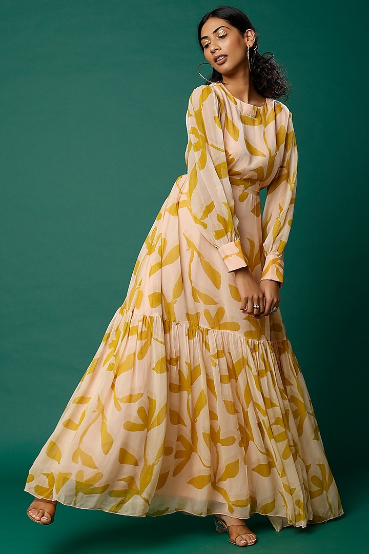 Peach & Mustard Floral Printed Maxi Dress by Koai
