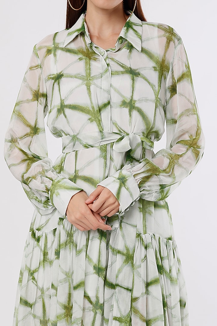 White & Green Printed Mini Summer Shirt Dress by Koai at Pernia's Pop Up Shop