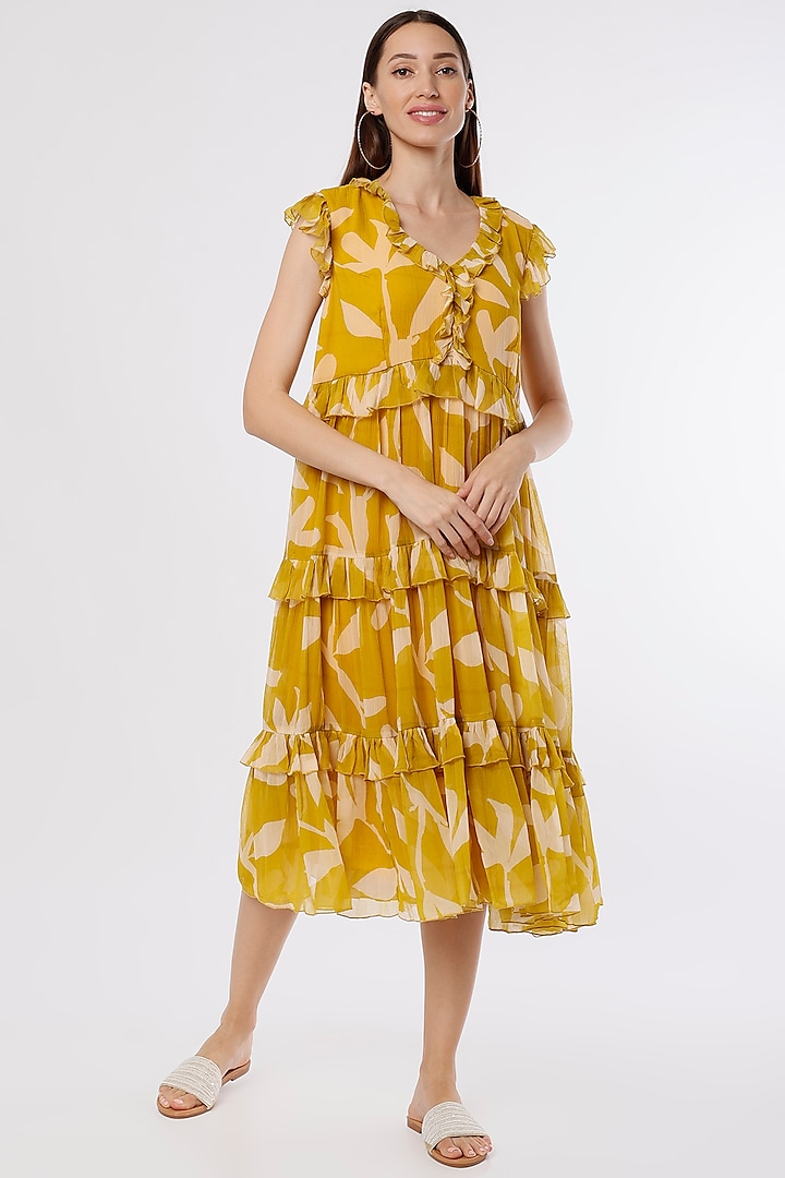 Mustard & Peach Printed Midi Dress by Koai