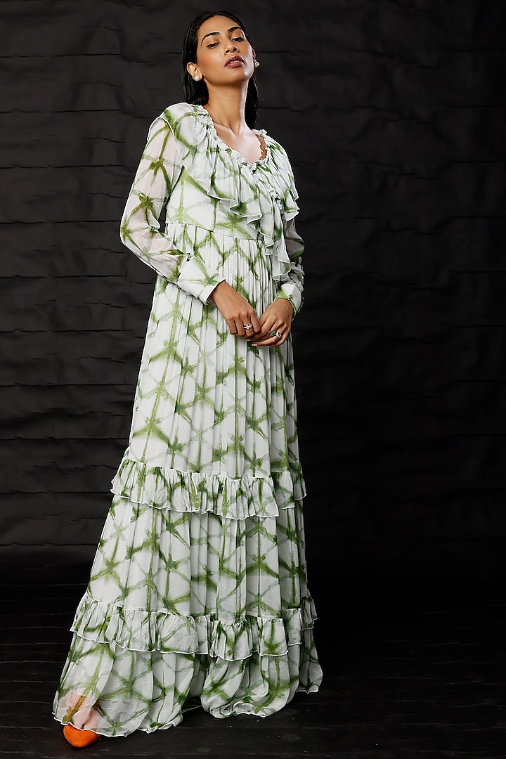 Cream & Olive Green Printed Maxi Dress by Koai