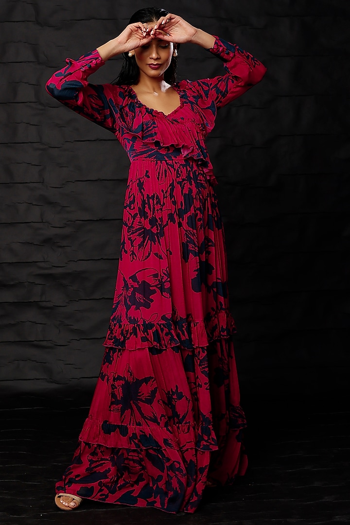 Red & Blue Floral Printed Maxi Vacation Dress by Koai at Pernia's Pop Up Shop