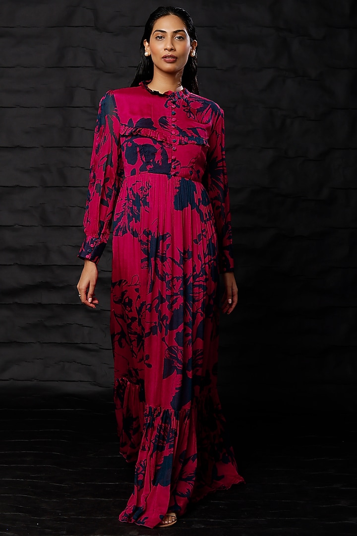 Red & Blue Chiffon Printed Maxi Vacation Dress by Koai at Pernia's Pop Up Shop