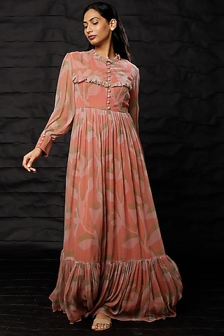 Peach Chiffon Printed Maxi Dress by Koai