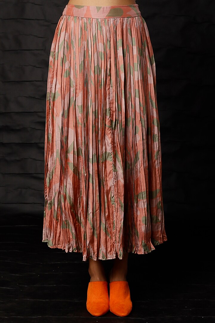 Peach Printed Pleated Skirt by Koai at Pernia's Pop Up Shop