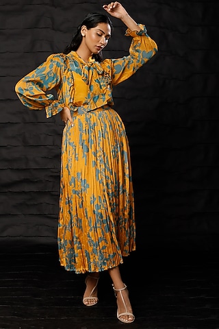 Mustard & Blue Printed Pleated Skirt by Koai