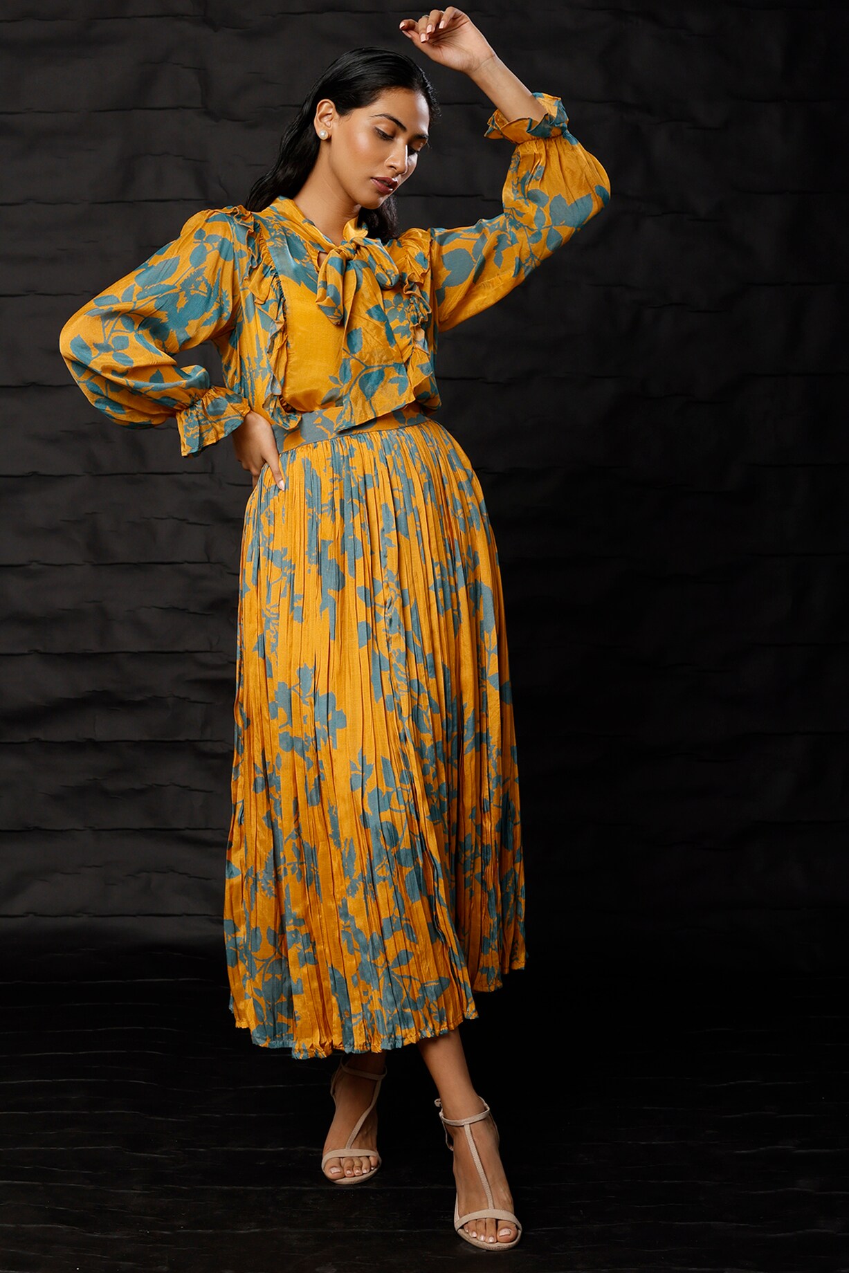 Mustard Blue Printed Pleated Skirt by Koai at Pernia's Pop Up