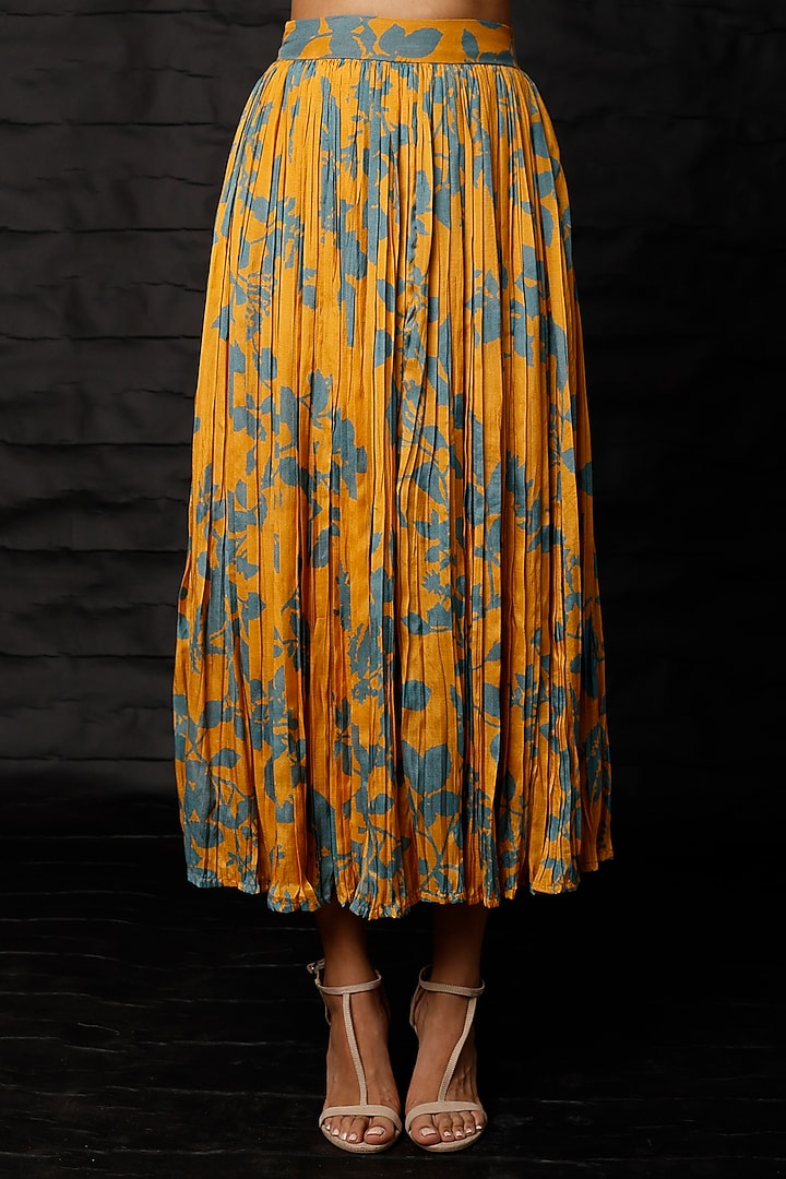 Mustard & Blue Printed Pleated Skirt by Koai at Pernia's Pop Up Shop