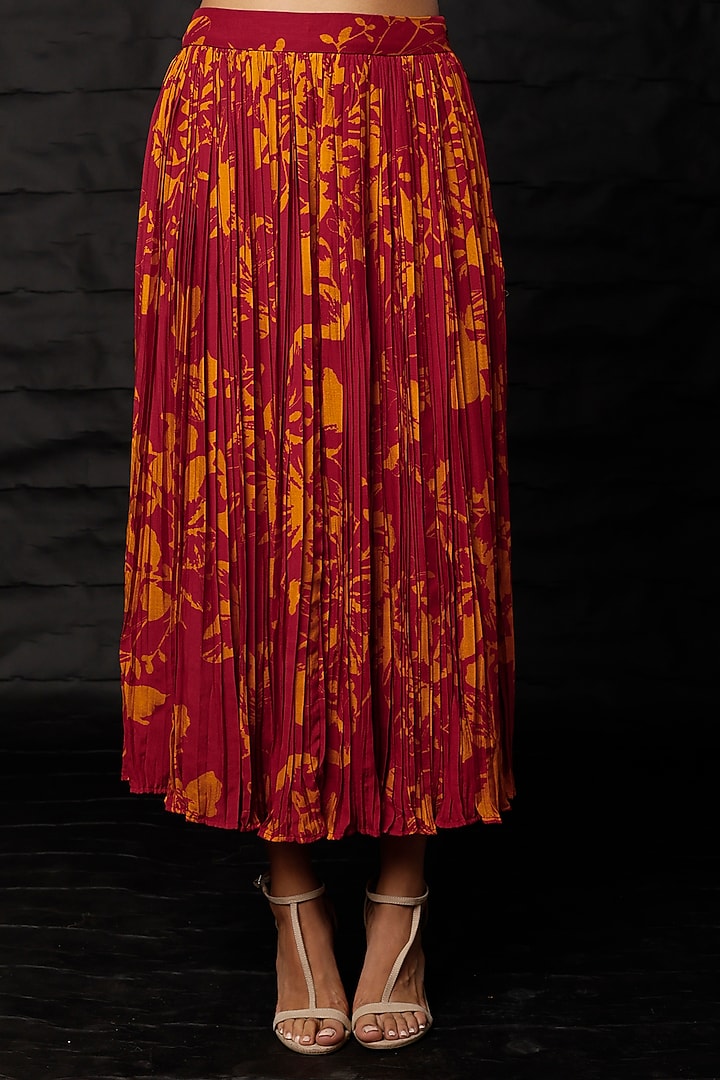 Maroon & Mustard Printed Pleated Skirt by Koai at Pernia's Pop Up Shop