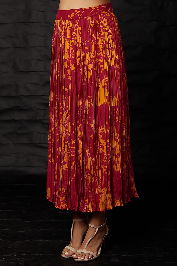 Maroon & Mustard Printed Pleated Skirt by Koai at Pernia's Pop Up Shop