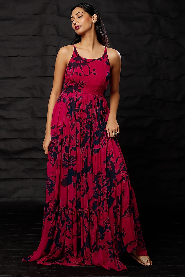 Red & Blue Chiffon Printed Dress by Koai