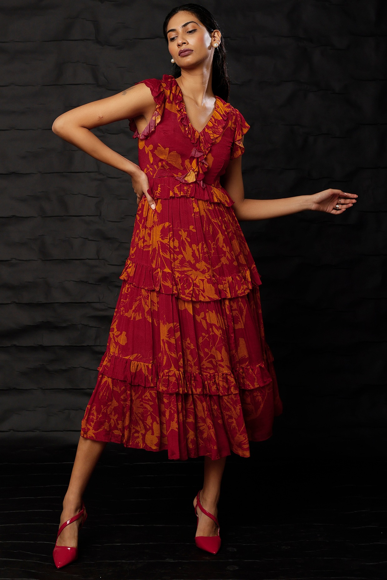 Maroon Mustard Printed Midi Dress by Koai at Pernia s Pop Up Shop 2024