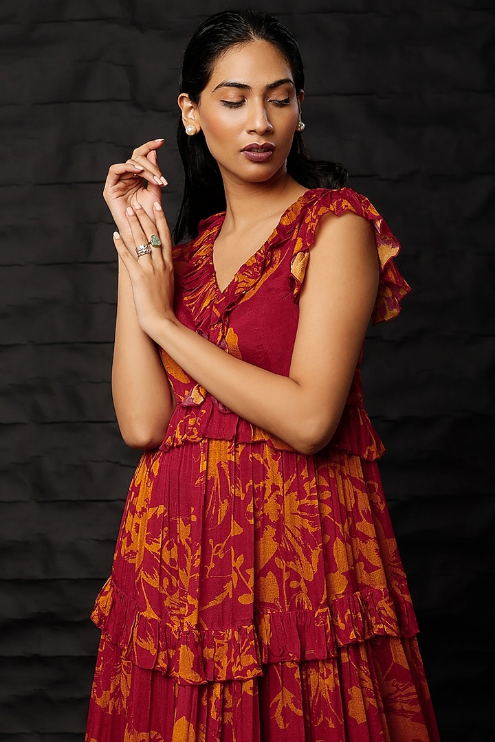 Maroon & Mustard Printed Midi Vacation Dress by Koai at Pernia's Pop Up Shop