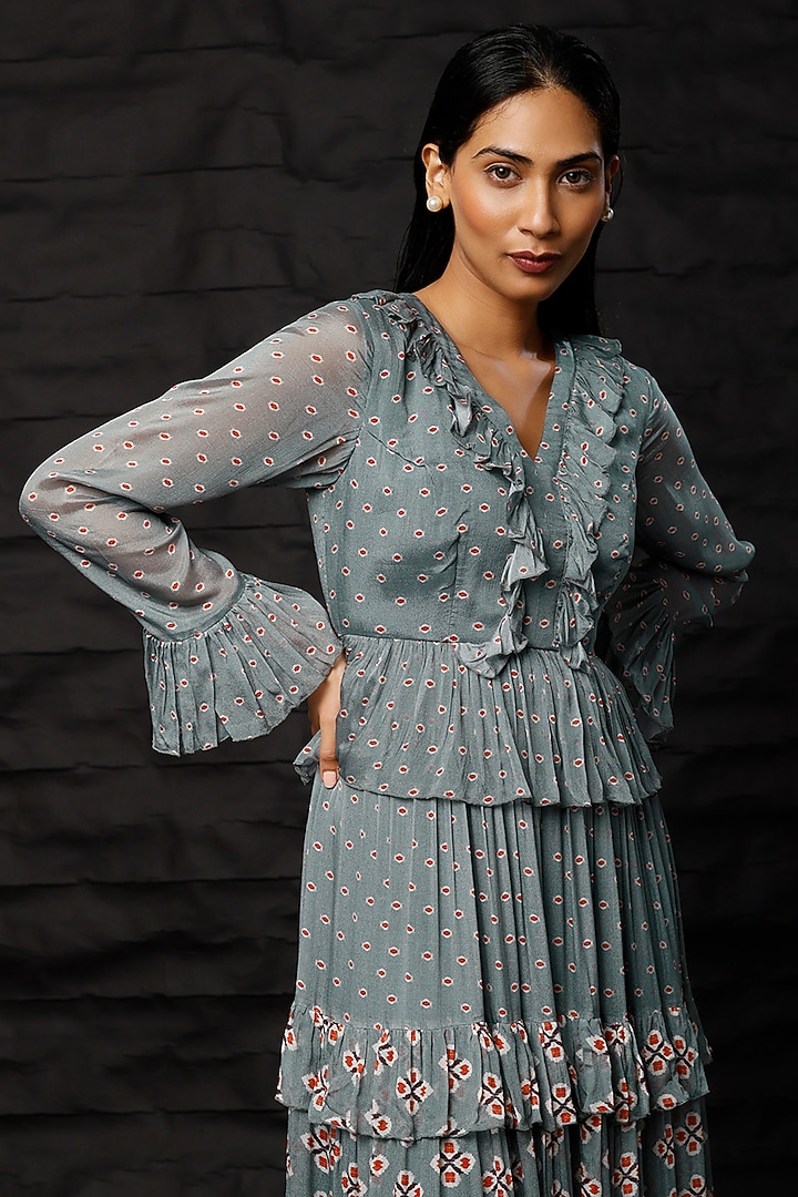 Blue & Grey Chiffon Printed Maxi Vacation Dress by Koai at Pernia's Pop Up Shop