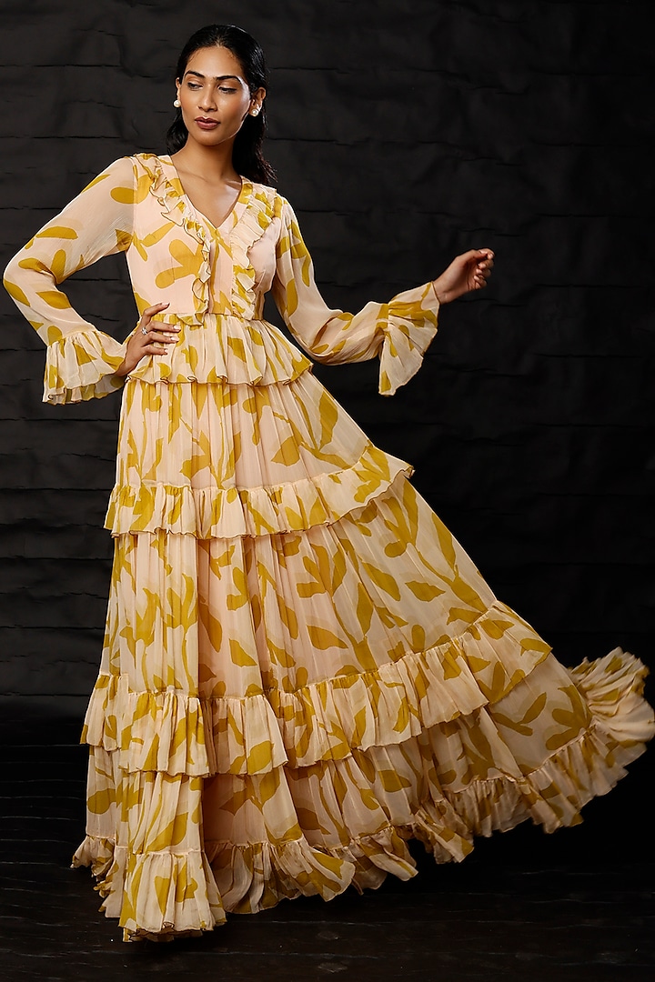 Peach & Mustard Chiffon Printed Maxi Dress by Koai