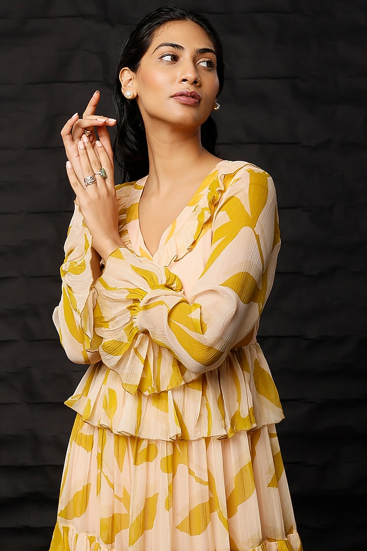 Peach & Mustard Chiffon Printed Maxi Vacation Dress by Koai at Pernia's Pop Up Shop