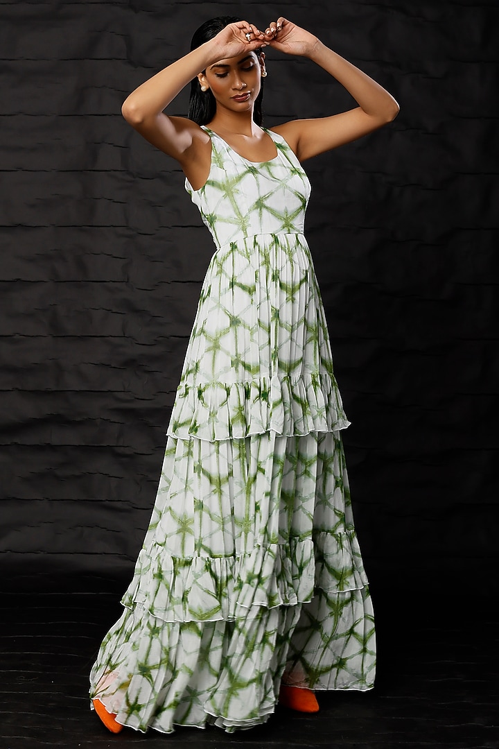 Cream & Green Shibori Printed Vacation Dress by Koai at Pernia's Pop Up Shop