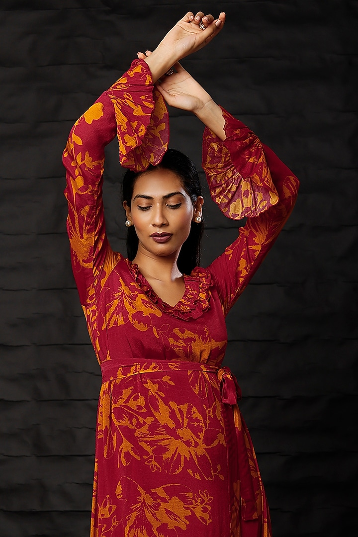 Maroon Floral Printed Vacation Dress by Koai at Pernia's Pop Up Shop