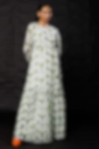 Cream & Green Chiffon Printed Maxi Dress by Koai