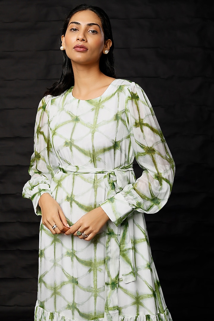 Cream & Green Chiffon Printed Maxi Vacation Dress by Koai at Pernia's Pop Up Shop