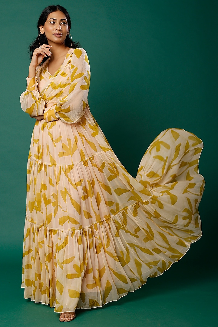 Mustard & Peach Printed Wrapped Dress by Koai