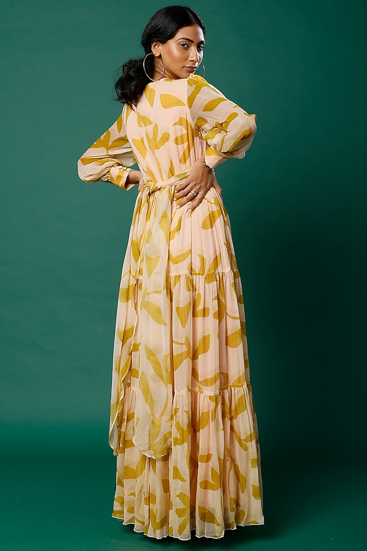 Mustard & Peach Printed Wrapped Vacation Dress by Koai at Pernia's Pop Up Shop