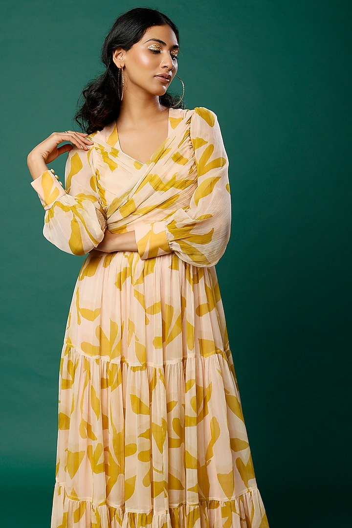 Mustard & Peach Printed Wrapped Vacation Dress by Koai at Pernia's Pop Up Shop