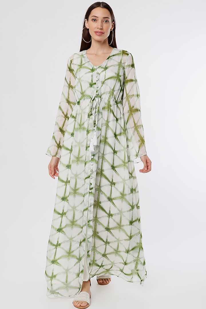 White & Green Printed Kaftan Cape by Koai at Pernia's Pop Up Shop