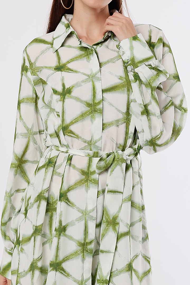 White & Green Shibori Printed Summer Shirt Dress by Koai at Pernia's Pop Up Shop