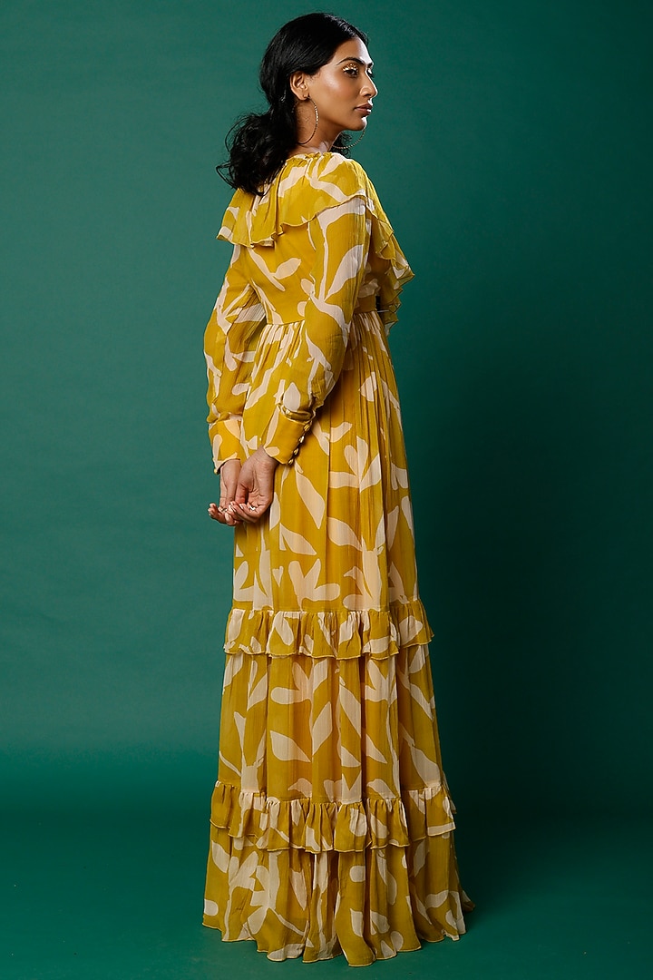 Mustard & Peach Printed Frilled Vacation Dress by Koai at Pernia's Pop Up Shop