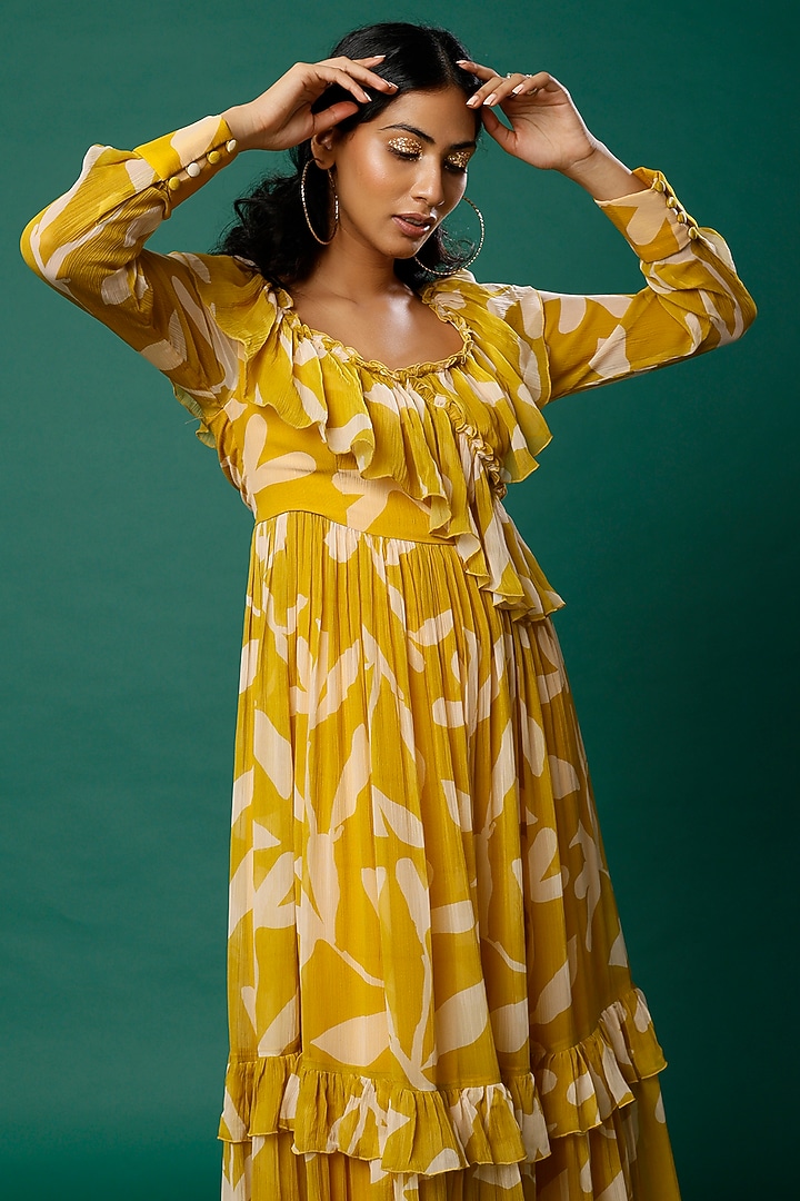 Mustard & Peach Printed Frilled Vacation Dress by Koai at Pernia's Pop Up Shop