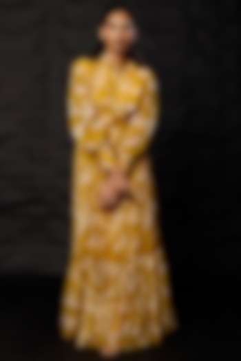 Mustard & Peach Printed Dress In Chiffon by Koai